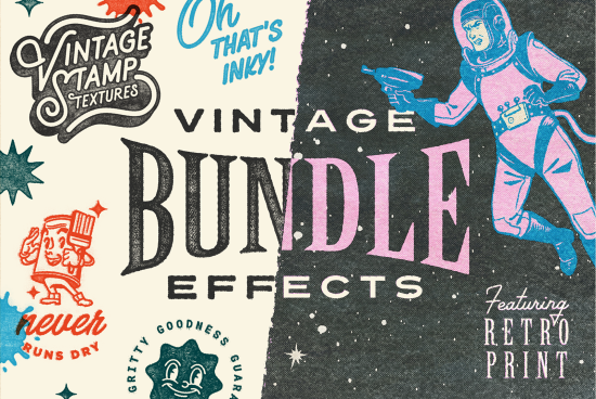 Vintage graphics bundle with stamp textures, retro print effects, and various inky design elements ideal for mockups and templates.